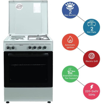 Nobel Gas And Electric Cooker 60 x 60 Cm 2 Gas Burners 2 Hot Plate Electric Oven Enamel Grids Lid, Silver, NGC7222, 1 Year Warranty