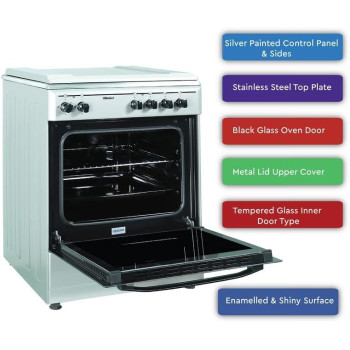 Nobel Gas And Electric Cooker 60 x 60 Cm 2 Gas Burners 2 Hot Plate Electric Oven Enamel Grids Lid, Silver, NGC7222, 1 Year Warranty