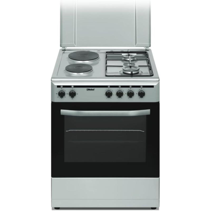 Nobel Gas And Electric Cooker 60 x 60 Cm 2 Gas Burners 2 Hot Plate Electric Oven Enamel Grids Lid, Silver, NGC7222, 1 Year Warranty