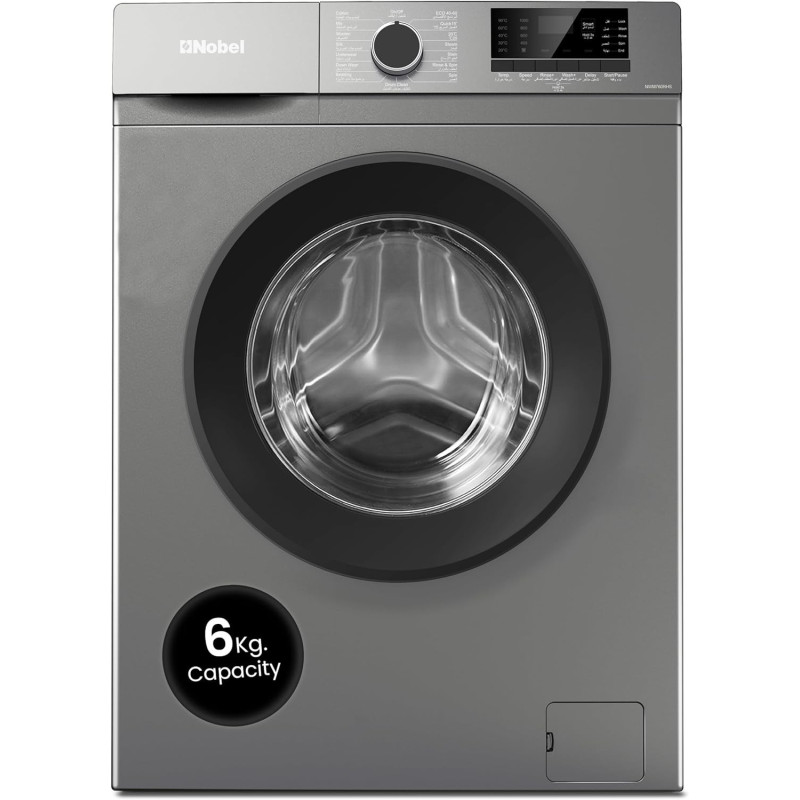 Nobel Front Load Washer 6 Kg Capacity, 1000 RPM, Led Display, Stainless Steel Drum Advanced Laundry Excellence At 1950W, Dark Silver, 1 Year Warranty