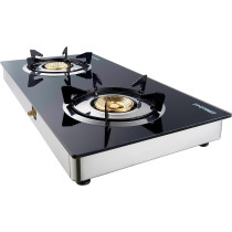 Nobel Gas Stove With Dual Gas Burner With Glass Black Brass Glass Top Auto Ignition Double Burner, Black, NGT2111, 1 Year Warranty