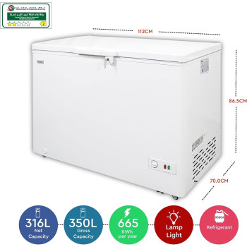 Nobel Chest Freezer Aluminum Inside External Handle With Outside Condensor 350 Litres Gross Capacity, 316 Litres Net Capacity, White, NCF350, 1 Year Warranty