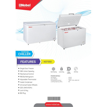 Nobel Chest Freezer Aluminum Inside External Handle With Outside Condensor 350 Litres Gross Capacity, 316 Litres Net Capacity, White, NCF350, 1 Year Warranty