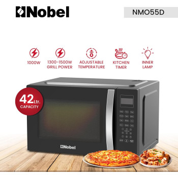 Nobel 42 Liters Capacity Microwave Oven, Membrane Control, Defrost Setting, 8 Auto Menu Cooking, 10 Power Levels, Silver Handle Door Opening, Black, 1 Year Warranty