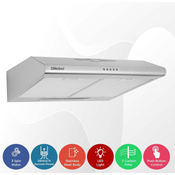 Nobel 60 Cm Built In Hood, Push Button Control, 3 Spin Motor, Stainless Steel Control Panel And Body, Carbon Filter, Led Light, Silver, NBI7501CHSS, 1 Year Warranty