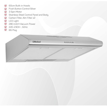 Nobel 60 Cm Built In Hood, Push Button Control, 3 Spin Motor, Stainless Steel Control Panel And Body, Carbon Filter, Led Light, Silver, NBI7501CHSS, 1 Year Warranty