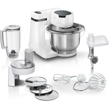 Bosch Kitchen Machine, MUMS2EW30G, 700 Watt Power, 3.8 L Bowl, Patisserie Set, Meat Mincer, Large Blender, Continuous Shredder With 3 Discs, White, 1 Year Warranty