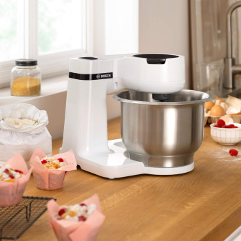 Bosch Kitchen Machine, MUMS2EW30G, 700 Watt Power, 3.8 L Bowl, Patisserie Set, Meat Mincer, Large Blender, Continuous Shredder With 3 Discs, White, 1 Year Warranty
