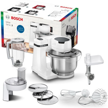 Bosch Kitchen Machine, MUMS2EW30G, 700 Watt Power, 3.8 L Bowl, Patisserie Set, Meat Mincer, Large Blender, Continuous Shredder With 3 Discs, White, 1 Year Warranty