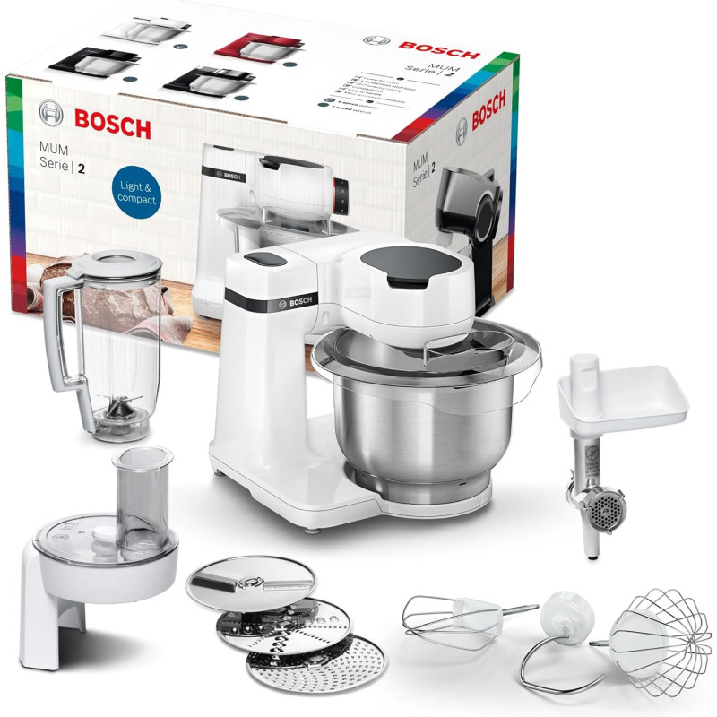 Bosch Kitchen Machine, MUMS2EW30G, 700 Watt Power, 3.8 L Bowl, Patisserie Set, Meat Mincer, Large Blender, Continuous Shredder With 3 Discs, White, 1 Year Warranty
