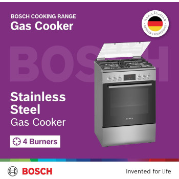 Bosch Free Standing Cooker, Gas Cooker 53.7 KG, Stainless Steel Gas Range Cooker, German Engineering Cooking Range, HXQ38AE50M, 1 Year Warranty