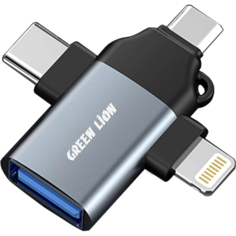 Green Lion 3 IN 1 OTG Adaptor Compatible with Lightning Micro Type-C USB 3.0 Super Fast Transmission, Compatible with iPhone 14 Pro max, 14 Pro, Galaxy S22, s21, Huawei, Macbook Pro, PS4, PS5, Black and Grey