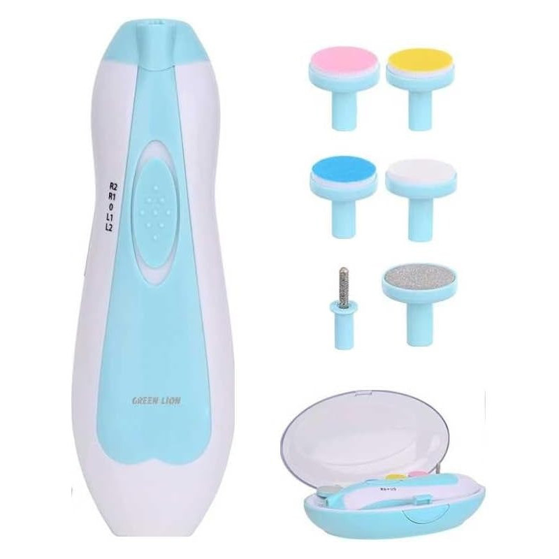 Green Lion Baby Nail Trimmer 6 Detachable Heads, 360 Degree Moderate Rotating, 60 Decibels Light Sound, 4 Speed Control, Safe and Efficient, Suitable for All Ages Adults, Babies and Kids, Battery Operated, Blue