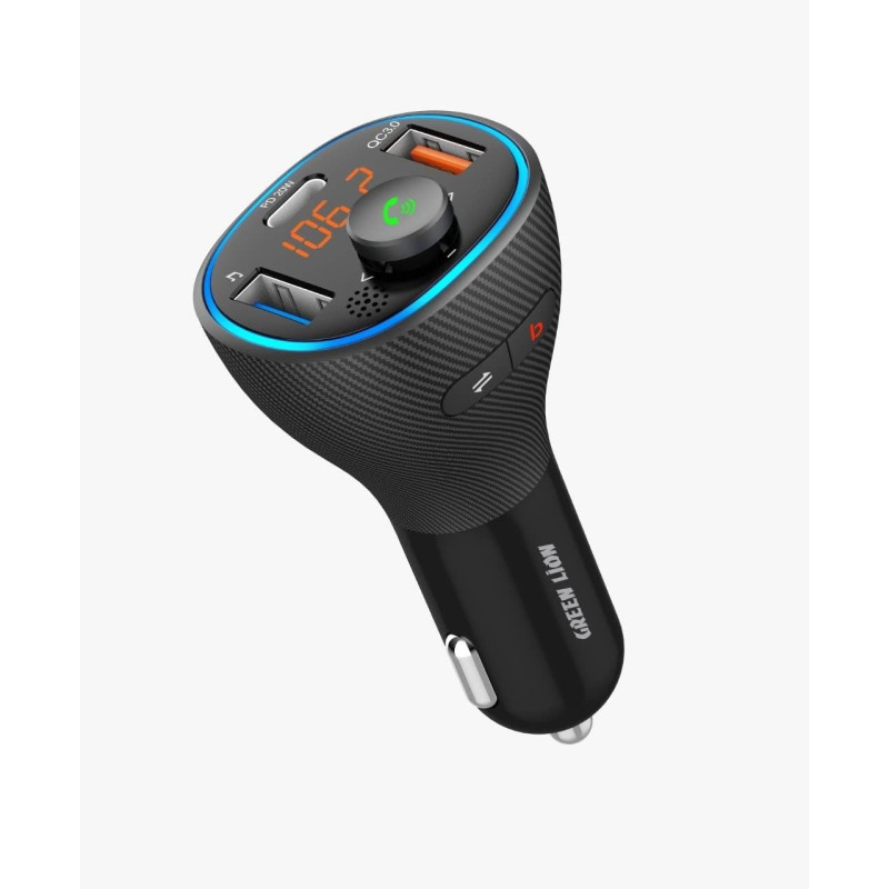 Green Lion Bluetooth FM Transmitter for Car, Wireless Radio Adapter Car Kit with Dual USB ports 38W and a 20W Type C port, QC 3.0 Charging, Hands Free Calling Compatible with Siri And Google Assistant, Black