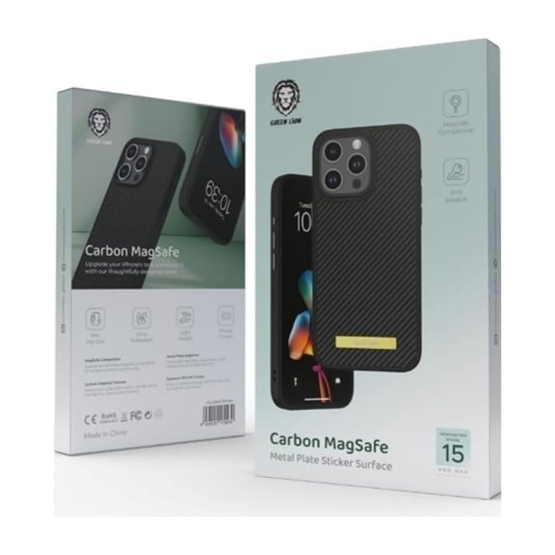 Green Lion for iPhone 15 Pro Case Carbon Metal Plate Case Compatible with MagSafe - Anti-Scratch Drop Resistant Shockproof Full Slim Bumper Protection Back Cover for iPhone 15 Pro 6.1, Black