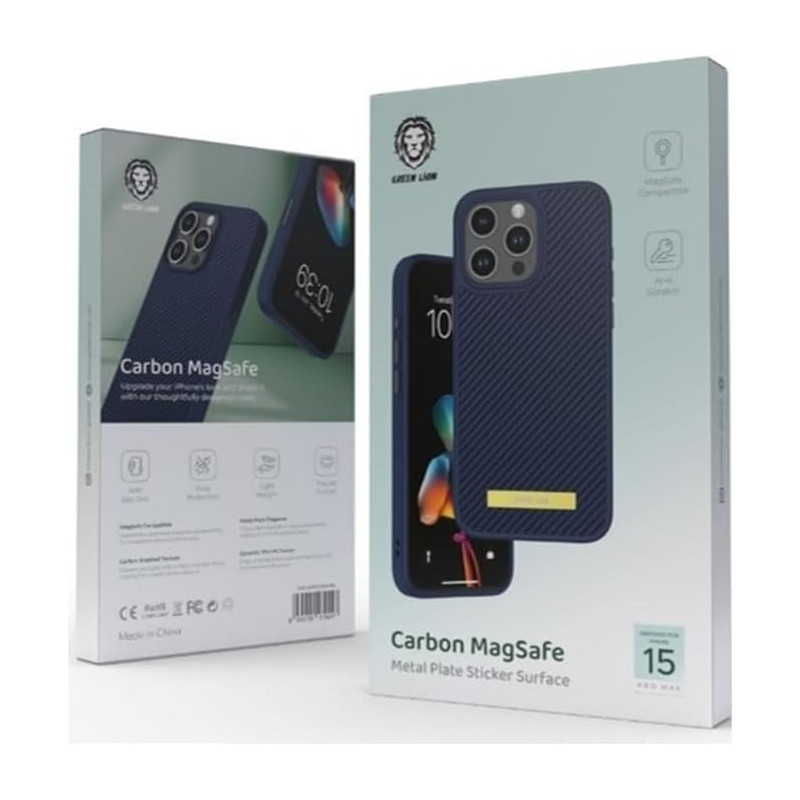 Green Lion for iPhone 15 Pro Max Case Carbon Metal Plate Compatible with MagSafe - Anti-Scratch Drop Resistant Shockproof Full Slim Bumper Protection Back Cover for iPhone 15 Pro Max 6.7, Blue