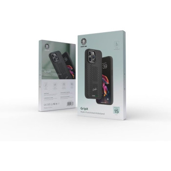 Green Lion GripX Case with Kickstand for iPhone 15 Pro Max - Matte Carbon Leather, Black