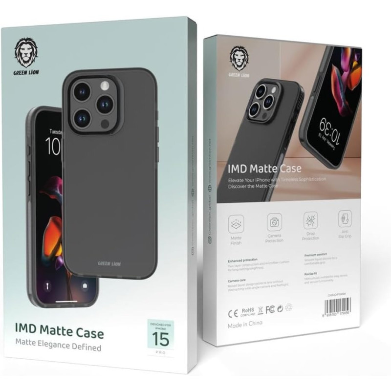 Green Lion for iPhone 15 Pro Case IMD Matte Case Protector Anti-Scratch Drop Resistant Protective Cover Shockproof Full Slim Bumper Protection Back Cover for iPhone 15 Pro 6.1 Inch, Black