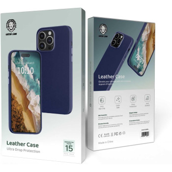 Green Lion Full Slim Bumper Protection Back Cover for iPhone 15 Pro Max 6.7 inch, Leather Case, Anti-Scratch, Shockproof, Blue