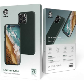 Green Lion Full Slim Bumper Protection Back Cover for iPhone 15 Pro Max 6.7 inch, Leather Case, Anti-Scratch, Shockproof, Green