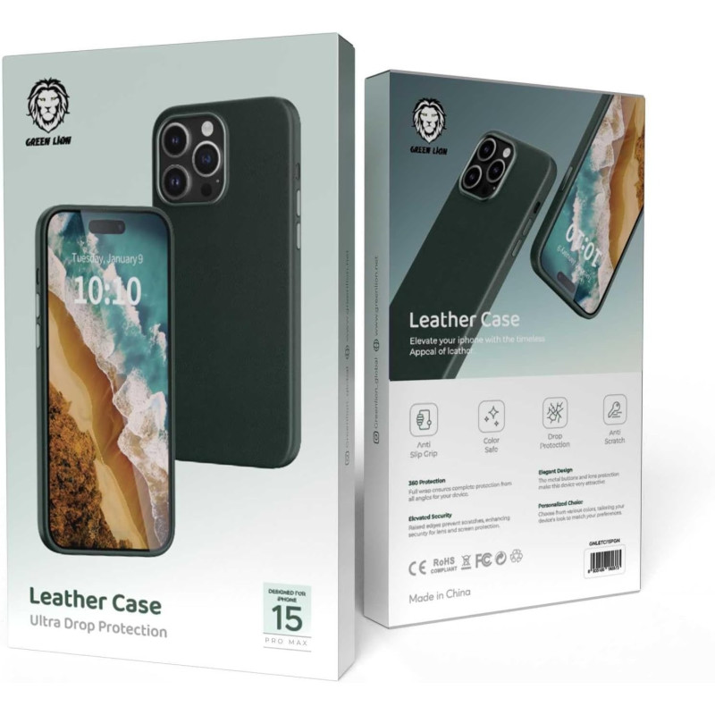 Green Lion Full Slim Bumper Protection Back Cover for iPhone 15 Pro Max 6.7 inch, Leather Case, Anti-Scratch, Shockproof, Green