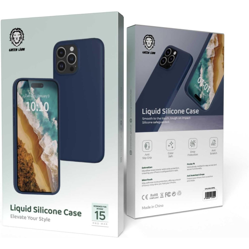 Green Lion Full Slim Bumper Protection Back Cover for iPhone 15 Pro Max 6.7 inch, Leather Case, Anti-Scratch, Shockproof, Dark Blue