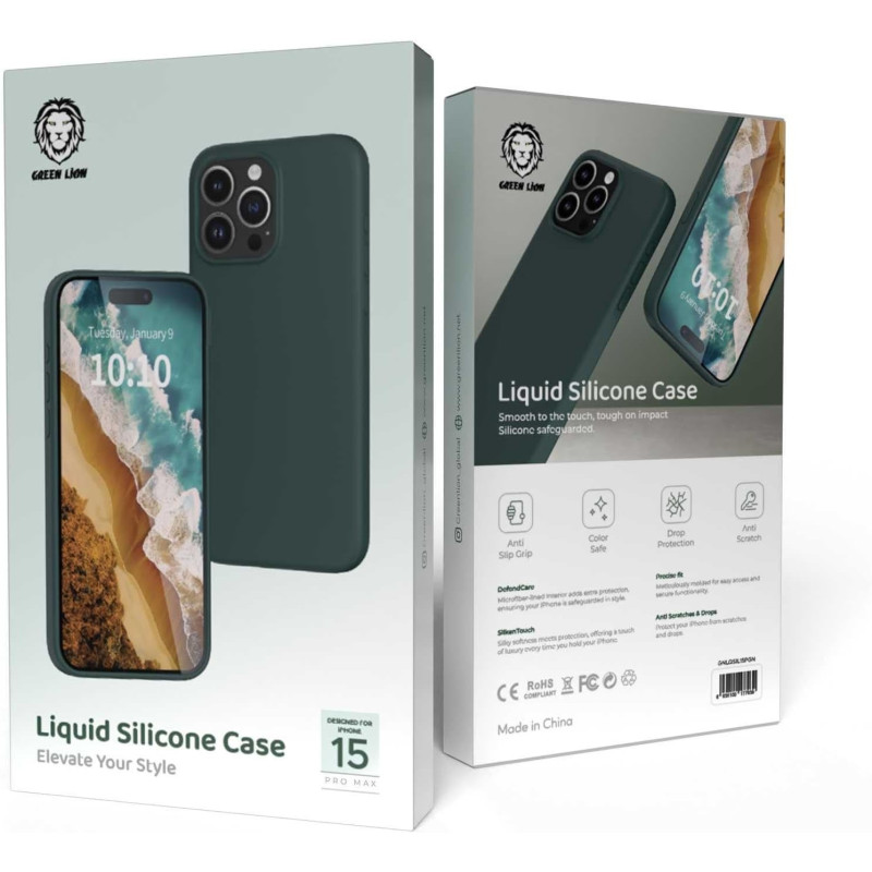 Green Lion Full Slim Bumper Protection Back Cover for iPhone 15 Pro Max 6.7 inch, Leather Case, Anti-Scratch, Shockproof, Dark Green