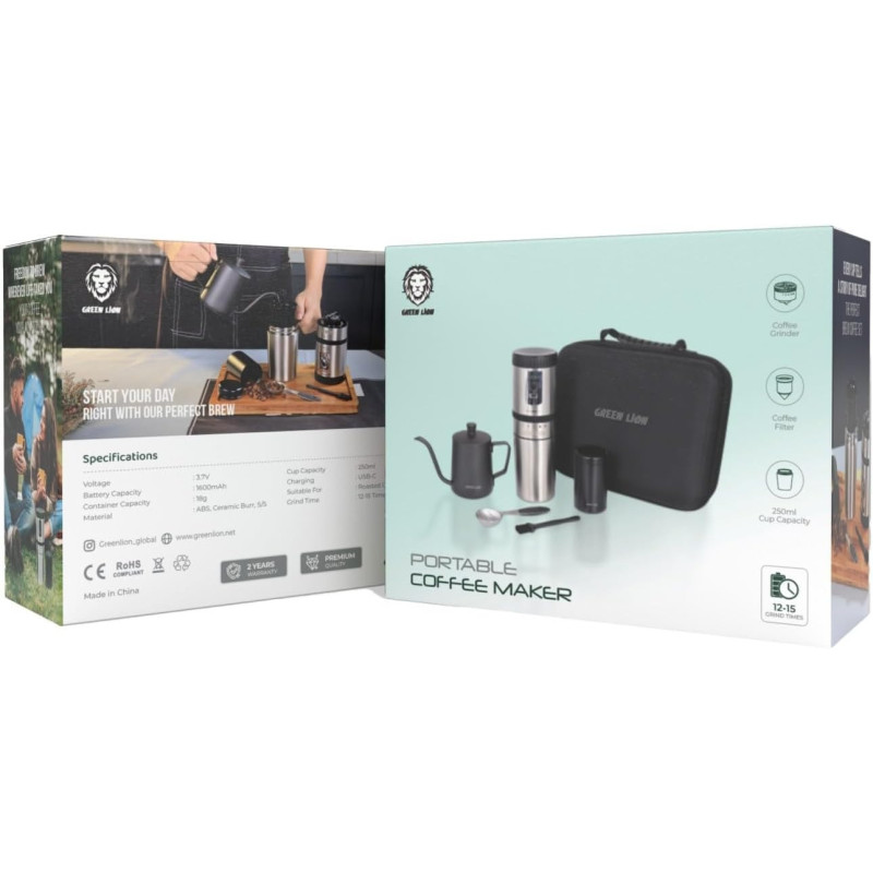 Green Lion Portable Coffee Maker, Coffee Grinder, Coffee Filter Kettle Stainless Steel - Black
