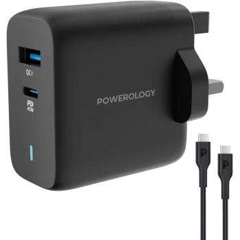 Powerology 65W Dual Port Ultra-Quick GaN Charger with USB-C to USB-C 60W Cable - Black