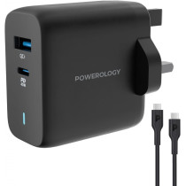 Powerology 65W Dual Port Ultra-Quick GaN Charger with USB-C to USB-C 60W Cable - Black