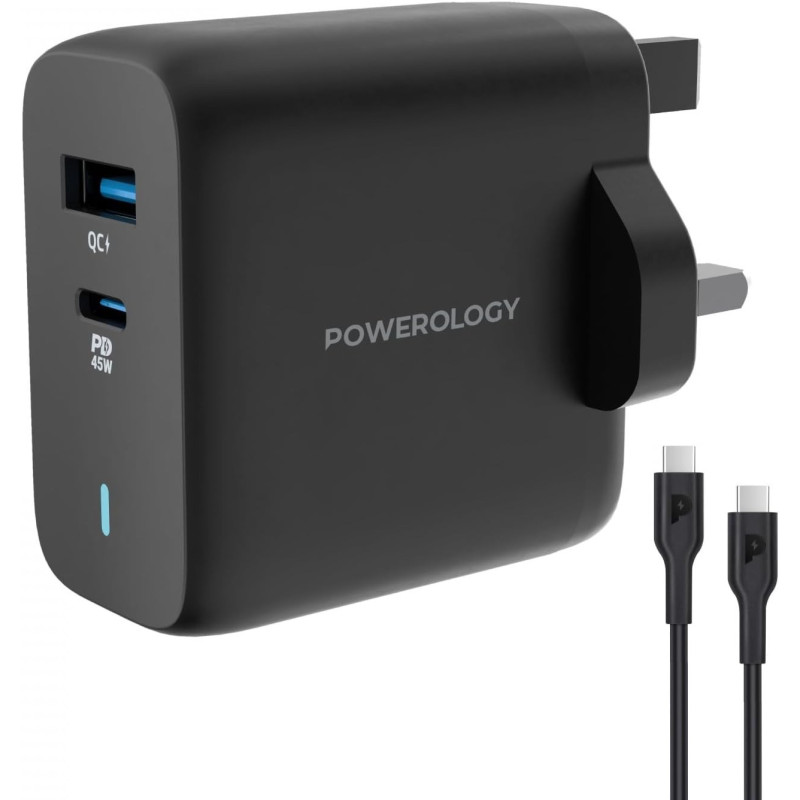 Powerology 65W Dual Port Ultra-Quick GaN Charger with USB-C to USB-C 60W Cable - Black
