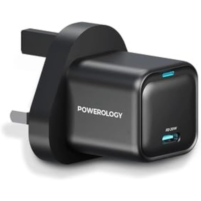 Powerology UK 3 Pin Ultra-Compact GaN Charger, Black