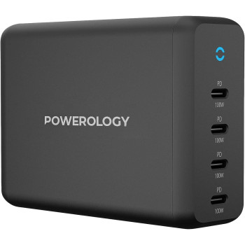 Powerology 165W GaN Desktop Charger With 4X PD Port UK AC Cable PD 100W - Black