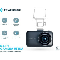 Powerology 4K Dash Camera Ultra With High Utility Built in Sensors, Arabic Language Enabled, Wide Dynamic Range,170° 5-Lane View, Motion Sensor - Black
