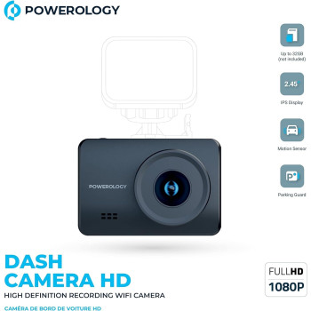 Powerology Car Dash Camera 1080p with Upto 32Gb Card Support, Arabic Language, IPS Display, 125° 3-Line View, Motion Sensor for Parking Guard and Dedicated iOS/Android App