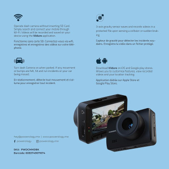 Powerology Car Dash Camera 1080p with Upto 32Gb Card Support, Arabic Language, IPS Display, 125° 3-Line View, Motion Sensor for Parking Guard and Dedicated iOS/Android App