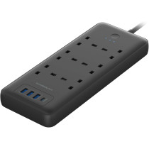 Powerology 48W 6AC 1x PD USB-C and 3x QC USB-A Power Strip with UK Plug, Power Socket Extension Cord, Surge Protected, Charging Station, Extension Lead with 3M Cable - Black
