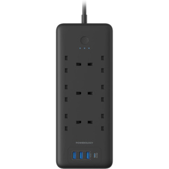 Powerology 48W 6AC 1x PD USB-C and 3x QC USB-A Power Strip with UK Plug, Power Socket Extension Cord, Surge Protected, Charging Station, Extension Lead with 3M Cable - Black