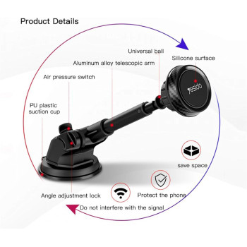 Yesido Magnetic Retractable Car Holder with Sleek Design and Magnetic Mount, Black