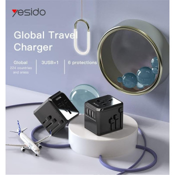 Yesido Universal Travel Adapter with 4 Ultra-Fast USB Port and 1 Type C Power Socket Worldwide Plugs UK EU US AU Auto Switch
