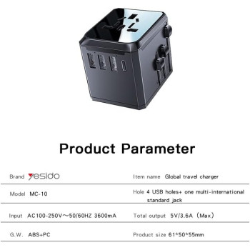 Yesido Universal Travel Adapter with 4 Ultra-Fast USB Port and 1 Type C Power Socket Worldwide Plugs UK EU US AU Auto Switch