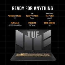 Asus Tuf Gaming A15 FA507NU-LP030W Laptop, AMD R7 7735HS 8GB, 512GB SSD, NV RTX4050, 6GB Graphics, Win11 Home, 15.6 Inch FHD 1920 x 1080 144Hz, HD Webcam, Backlit-RGB-Eng-Arb-Kb, Gray