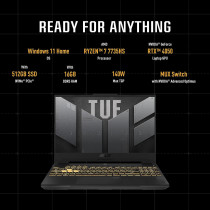 Asus Tuf A15 Gaming Laptop FA507NU-LP031W, R7 7735HS, 16GB, 512GB, Nvidia GeForce RTX 4050 6GB, 15.6 Inch FHD(1920 x 1080) 144Hz, Windows 11 Home, Backlit-RGB-Eng-Arb-Kb, Gray
