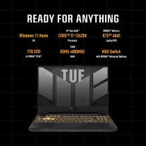 Asus Tuf F15 FX507VV-i7161G, Gaming Laptop, i7-13620H 16GB, 1TB Pcie G3 SSD, NV RTX4060, 8GB VRAM, Win11 Home, 15.6-Inch FHD 1920 x 1080 16:9 144Hz, HD Webcam, Backlit-RGB-Eng-Arb-Kb, Jaeger Gray