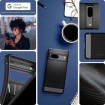 Spigen Rugged Armor Pixel 7 Case, Matte Black, Carbon Fiber, Shock-Absorbent