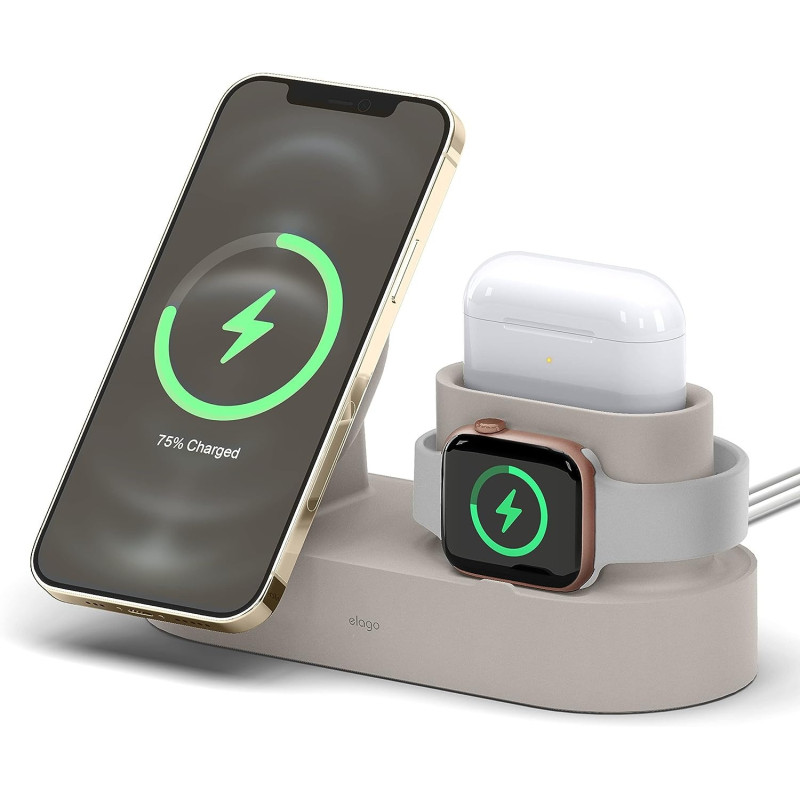 Elago MS Charging Station 2 Compatible With iphone 15, iphone 14, Magsafe Charger, iphone 13, iphone 12, Airpods Pro 2, Airpods Pro, And All Apple Watch Series, Stone