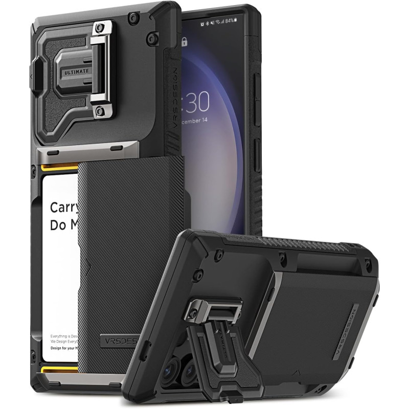 Vrs Design Damda Glide DuoGuard For Galaxy S23 Ultra Phone Case 2023, Premium Sturdy Fully Covered Camera Lens Protection Cover Card Holder Wallet Case, Groove Black, 915102