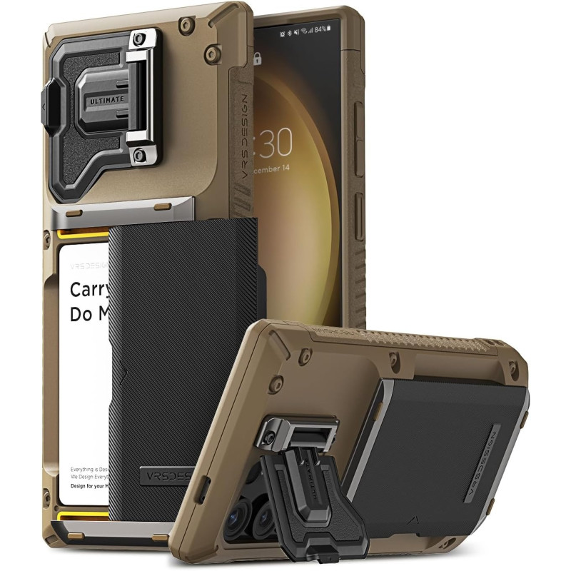 Vrs Design Damda Glide DuoGuard For Galaxy S23 Ultra Phone Case 2023, Premium Sturdy Fully Covered Camera Lens Protection Cover Card Holder Wallet Case, Groove Khaki, 915107