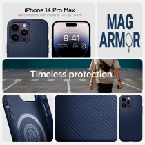 Spigen Mag Armor MagFit Compatible With MagSafe Designed For iPhone 14 Pro Max Case 2022, Navy Blue, ACS04845