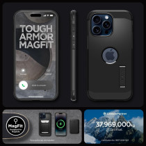 Spigen Magnetic Tough Armor MagFit Designed For iPhone 15 Pro Max Case, Military-Grade Protection Kickstand Compatible With MagSafe 2023, Black, ACS06594